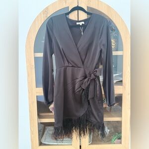 Wayf Black Wrap Dress with Feather Trim